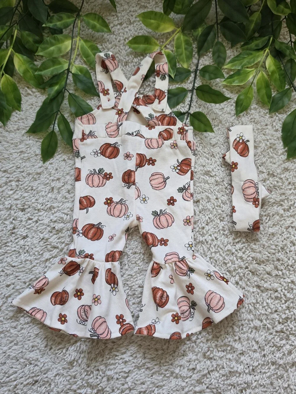 Baby Girl Pumpkin Ruffle Overalls + Headband (0-3 Months)